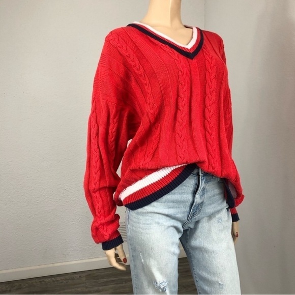 Vintage THE FOX Collection V-neck knit sweater long sleeve cotton red,white - Picture 15 of 16
